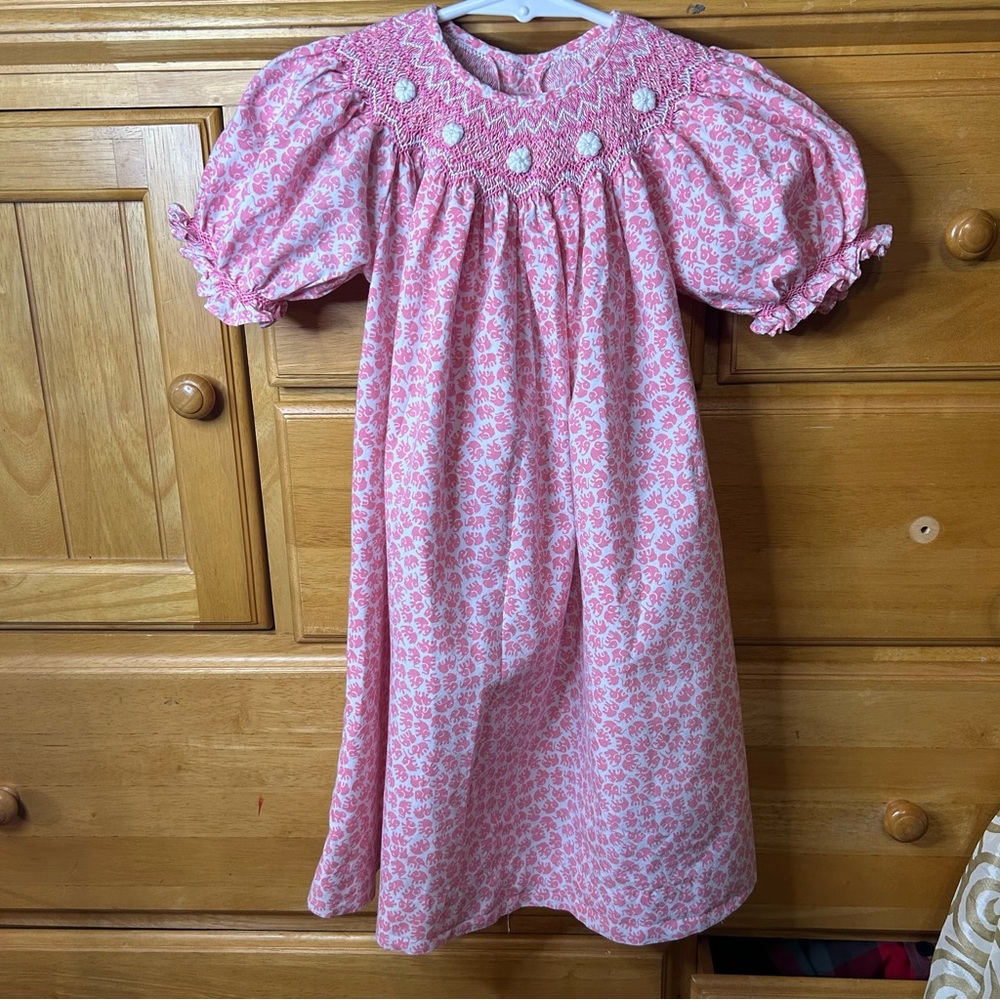Mom & Me Girl’s Dress with Pink Elephant Print & White Smocking Size 24 Months